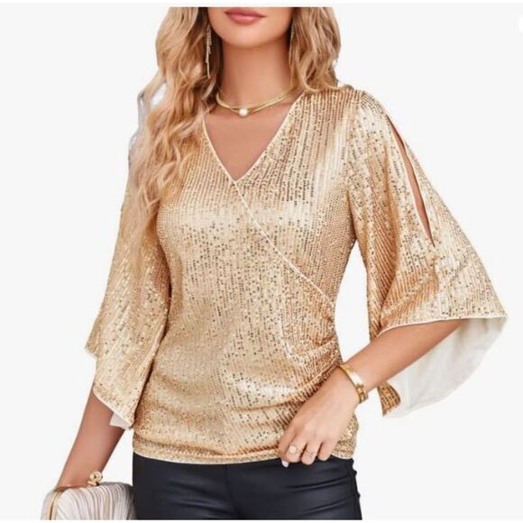 NEW Grace Karin Champagne Sequin Top NWT Size 2XL V-Neck Lined Party Blouse - Picture 1 of 6